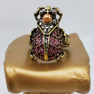 RED CRYSTAL CHIPS SCARAB BEETLE RING, SIZE 7.25